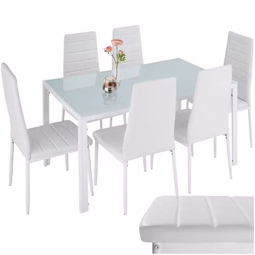 tectake Modern Dining Table Set with 6 Faux Leather Chairs, White Safety Glass Top and Steel Frame, W/D/H: 150 x 90 x 75 cm