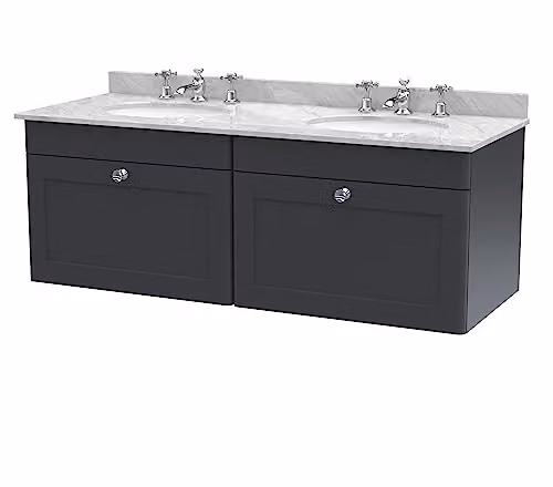 nuie Classique Wall Hung 2 Drawer Unit and 3 Tap Hole Double Marble Top with Round Basin, Satin Anthracite/Grey and Soft Black