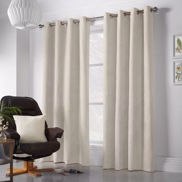 Luxury Living Velvet Chenille Eyelet Curtains, Beige, Width: 142 cm, Drop: 229 cm