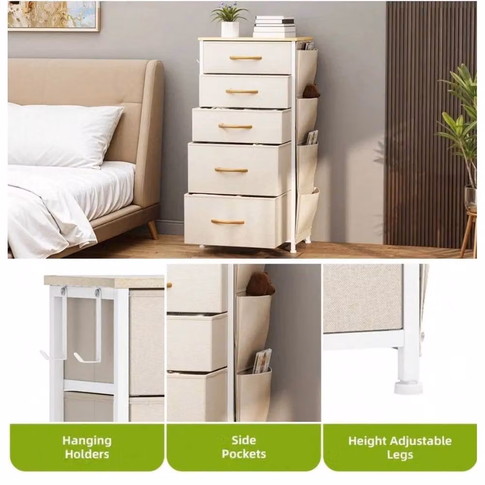 VOGREX 5 Drawer Bedroom Storage Chest with Steel Frame in Beige – 3