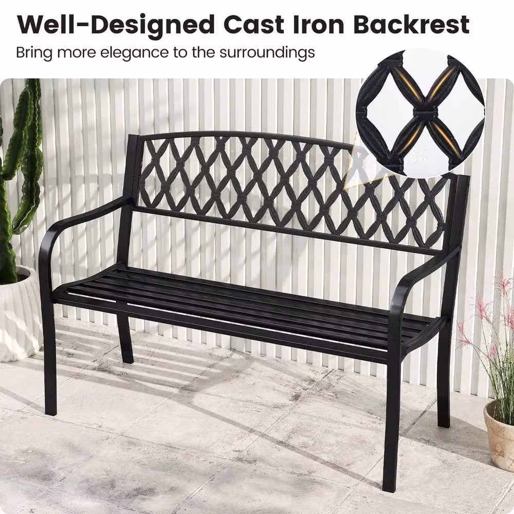 NESTLUNE 2-Seater Classic Metal Garden Bench in Black, W: 121 cm, D: 15 cm – 6