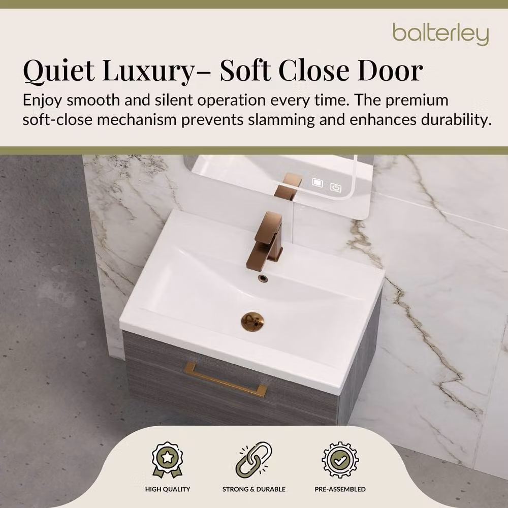 Balterley 600mm Wall Hung 1 Drawer Vanity in Woodgrain Anthracite Grey with Bronze Handle – 3