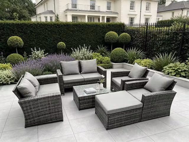 Fimous High Back Rattan Outdoor Furniture Set in Dark Grey Mixed with 2 Seater Sofa, Armchairs, Coffee Table and Ottoman