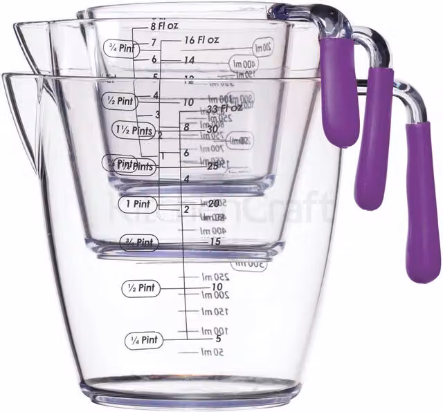 Kitchen Craft Three Piece Nesting Measuring Jug Set in Purple Plastic with Printed Scale