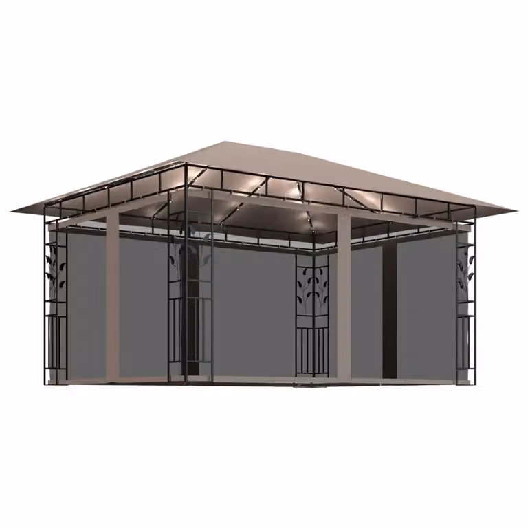 Berkfield Home Gazebo with Mosquito Net and LED String Lights, Beige, W: 400 cm, D: 300 cm, H: 273 cm