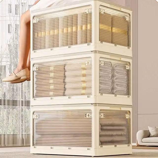 KORVIXA 94L Stackable and Foldable Storage Organiser with Lid and Handles, Beige, W/D/H: 50 x 50 x 50 cm