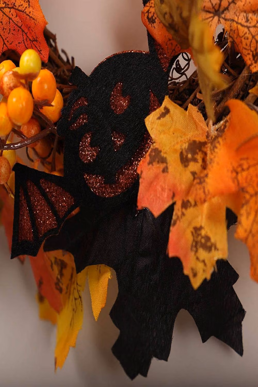 Garden Sanctuary Orange Halloween Decoration Wreath with LED Lights and Floral Leaves – 6