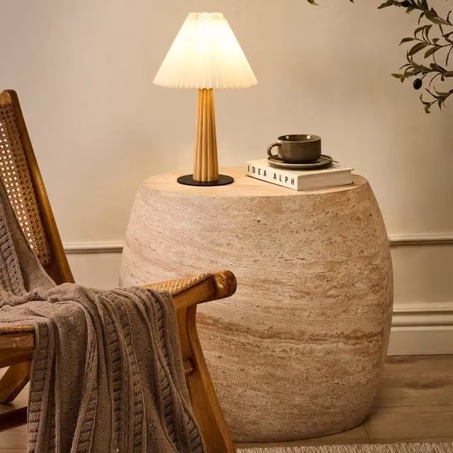 Wyld and Coco Woodline Industrial Table Lamp with Natural Wood Base and White Fabric Shade – 1