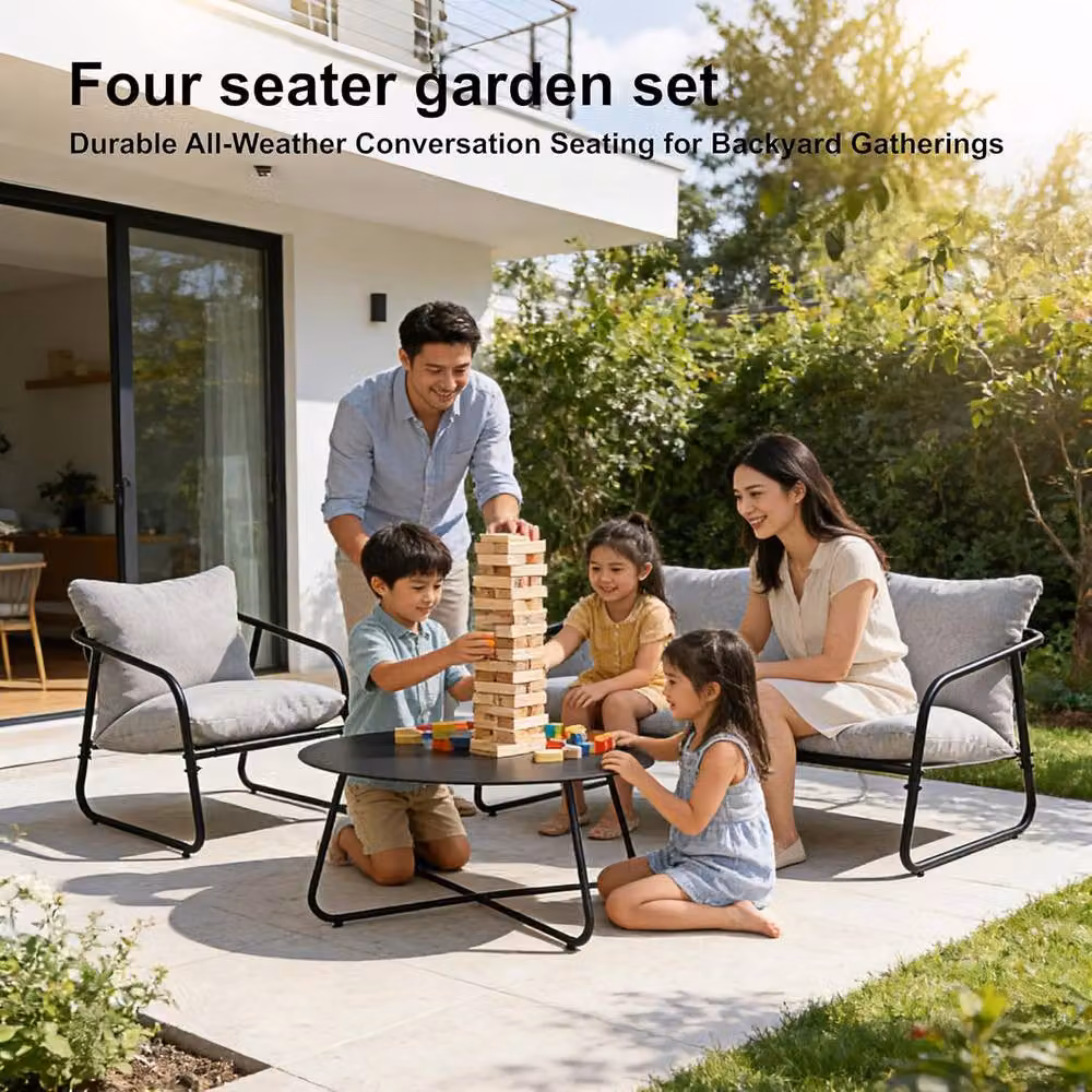 Alivio 4-Piece Outdoor Patio Chair Set with Side Table in Grey and Black, Cushioned Garden Bistro Furniture for Balcony, Terrace or Garden – 6