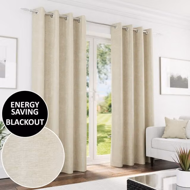 Knightsbridge Blackout Eyelet Curtains in Beige Chenille, W: 137 cm, H: 168 cm