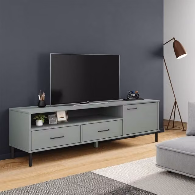 Berkfield Home Oslo Grey Solid Pine Wood TV Cabinet with Metal Legs – 1