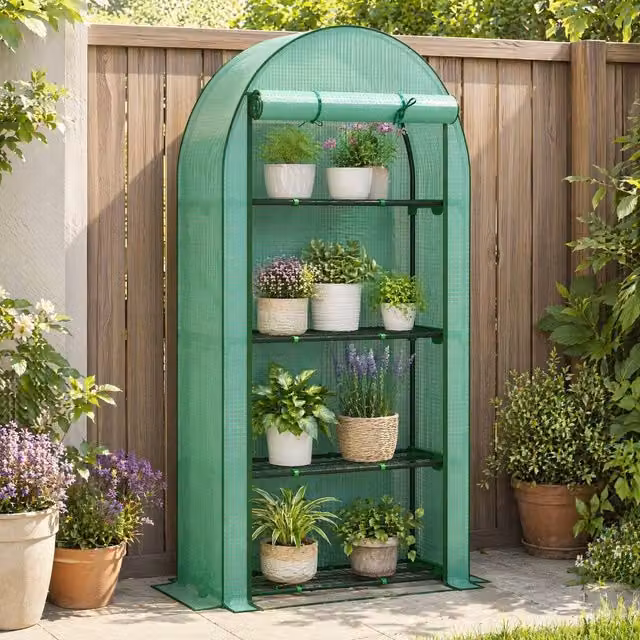STILVORA 4 Tier Mini Greenhouse with Roll-Up Door in Green, H 160 x W 105 x D 45 cm