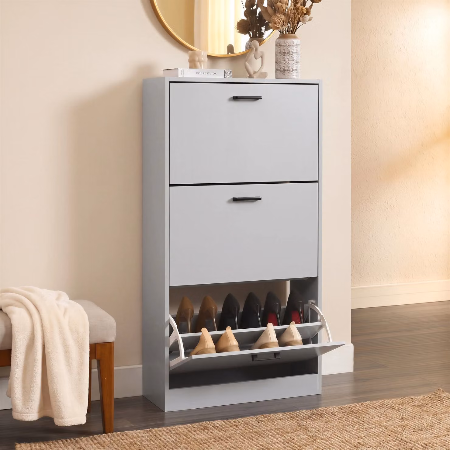 DHS Slim Tall Shoe Cabinet with 3 Tilting Drawers and Internal Shelves, Matt Grey
