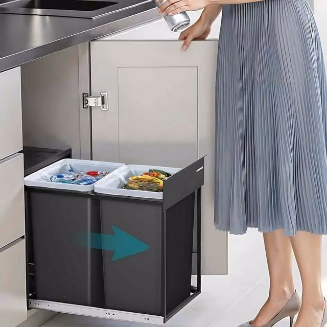 The Bazaarist Built In Double Kitchen Recycling Bin with Flip Lid, Ink Black
