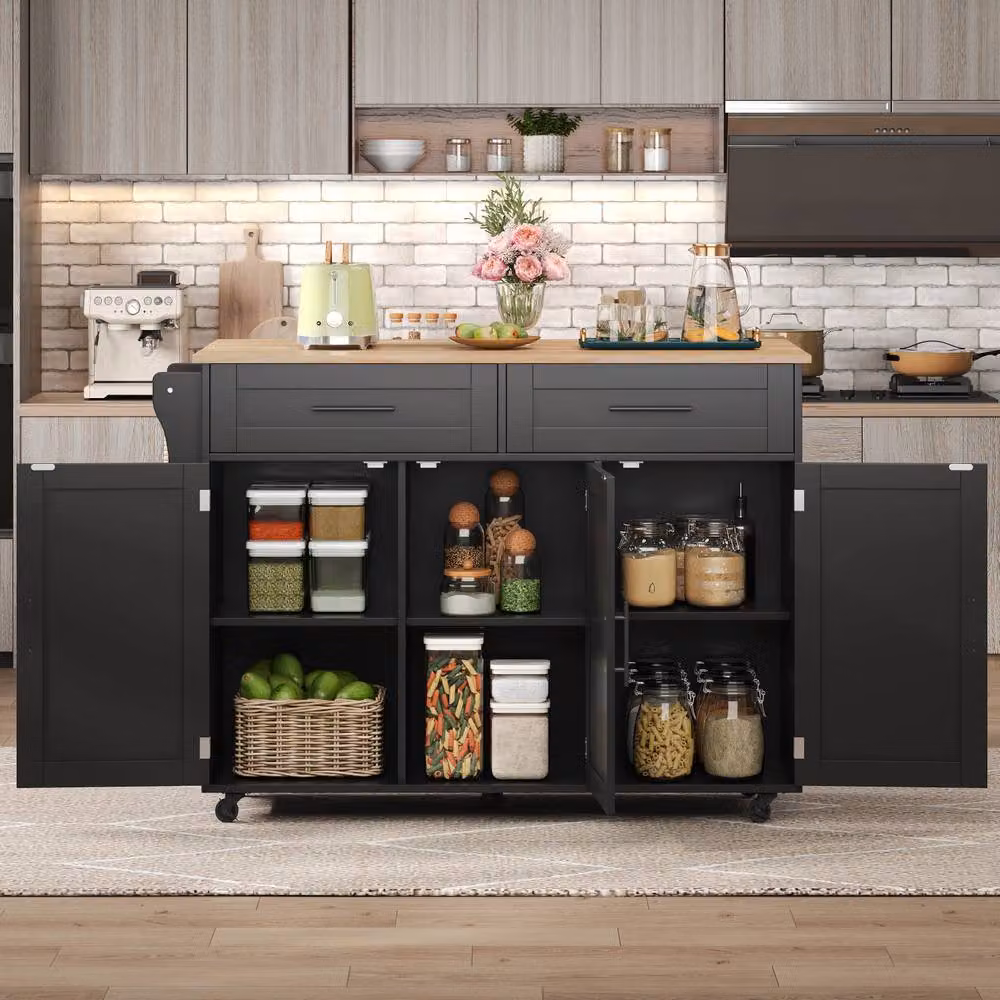 Rolipo Mobile Kitchen Cart with Drop Leaf Tabletop and Storage Drawers in Black – 2