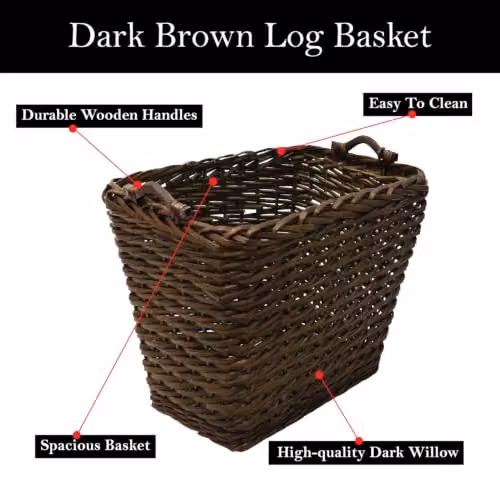 JVL Brown Vertical Weave Rectangle Log Basket with Wooden Handles W: 59.0 cm, D: 41.0 cm, H: 59.0 cm – 2