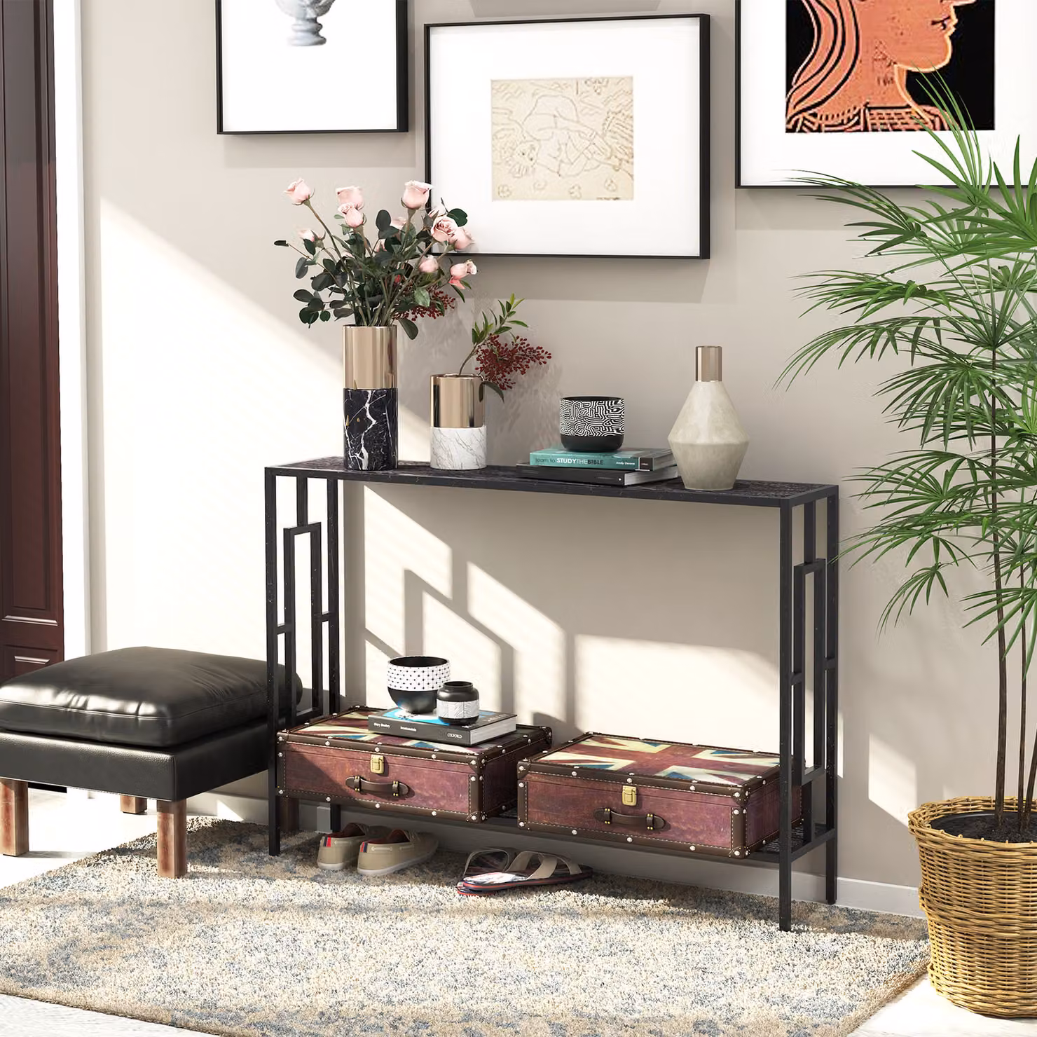 HOMCOM Industrial Console Table with Storage Shelf in Grey and Black – 7