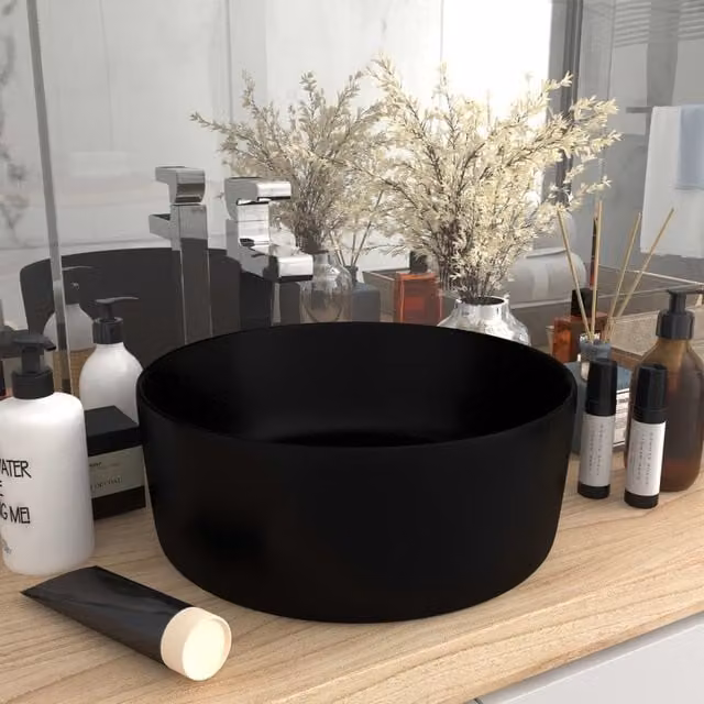 Berkfield Home Luxury Round Ceramic Wash Basin in Matt Black, W: 40 cm, D: 15 cm, H: 15 cm