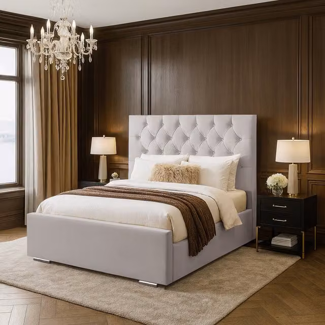 Desire Deco Lea Upholstered Velvet Bed Frame in Silver, Small Double, 120 x 200 cm