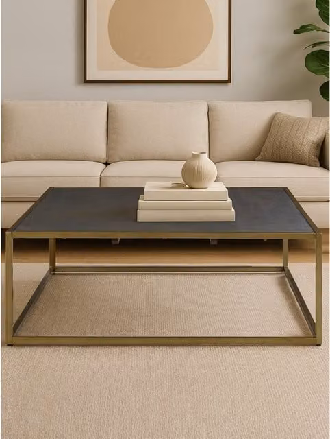 Orsina Square Coffee Table with Textured Shagreen Top and Gold Iron Frame in Brown, W/D/H: 100 x 100 x 36 cm