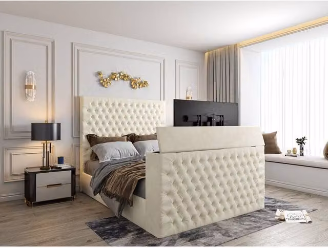 KDMD Capella Upholstered Soft Velvet TV Bed Frame in Cream, Double Size (140 x 200 cm)