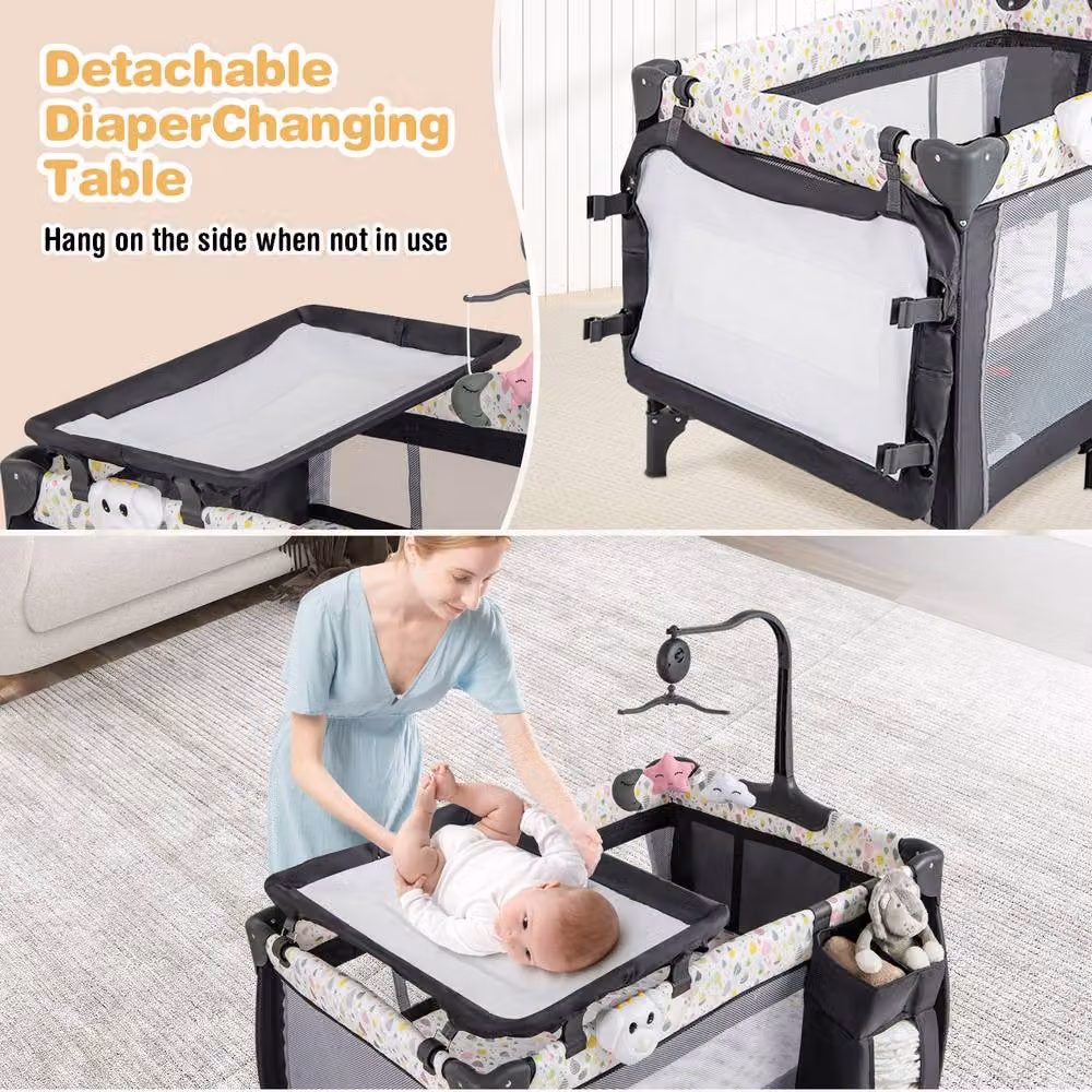 Costway 3 in 1 Foldable Baby Activity Center Playpen with Diaper Changing Table, Grey – 4