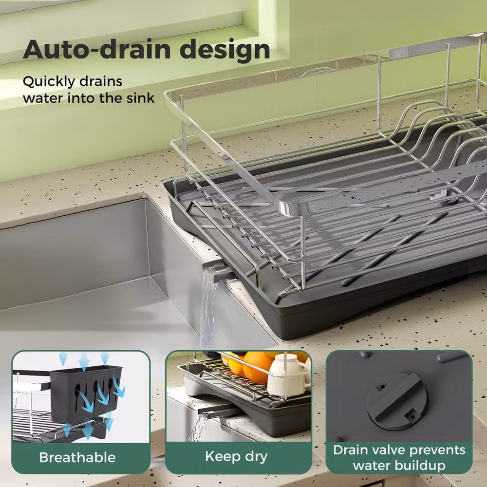 Toque Stainless Steel Dish Drainer Drying Rack with Cutlery Holder and Drip Tray in Silver – 4