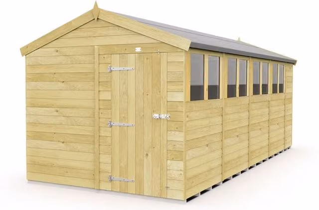Buttercup Farm Apex Wooden Shed with Single Door and Windows in Brown, W: 231 cm, D: 560 cm, H: 217 cm