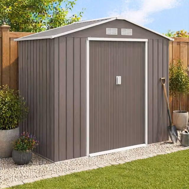 STILVORA Grey Galvanised Steel Pent Garden Storage Shed with Sliding Doors, H 213 cm x W 130 cm x D 119 cm