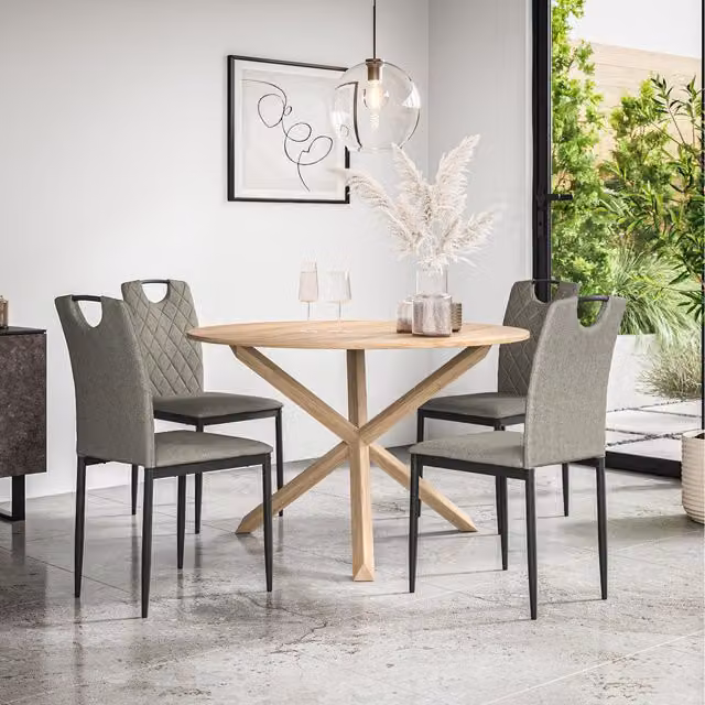 More4Homes Malvern Round Oak Effect Dining Table Set with 4 Monza Linen Chairs in Grey and Brown