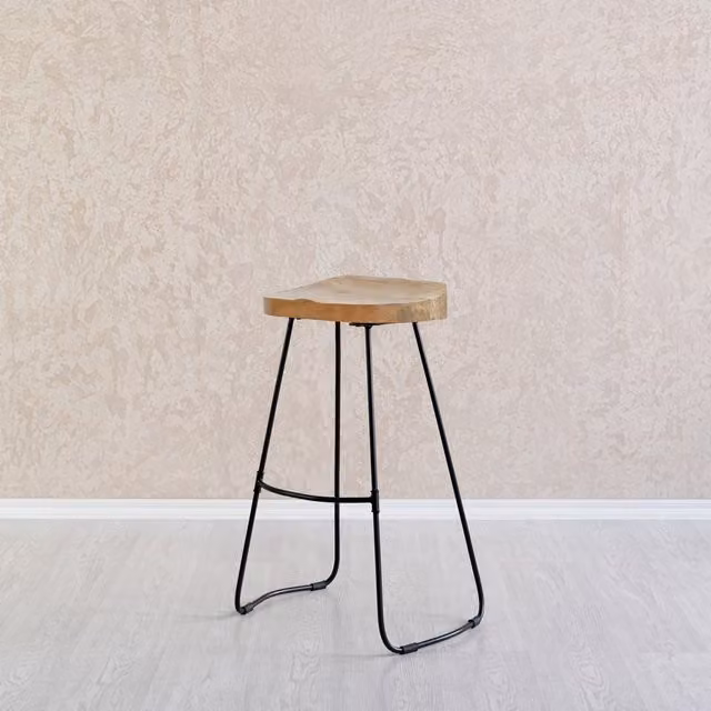 MH London Rombass Armless Handmade Saddle Seat Bar Stool in Natural Mango Wood with Black Metal Legs