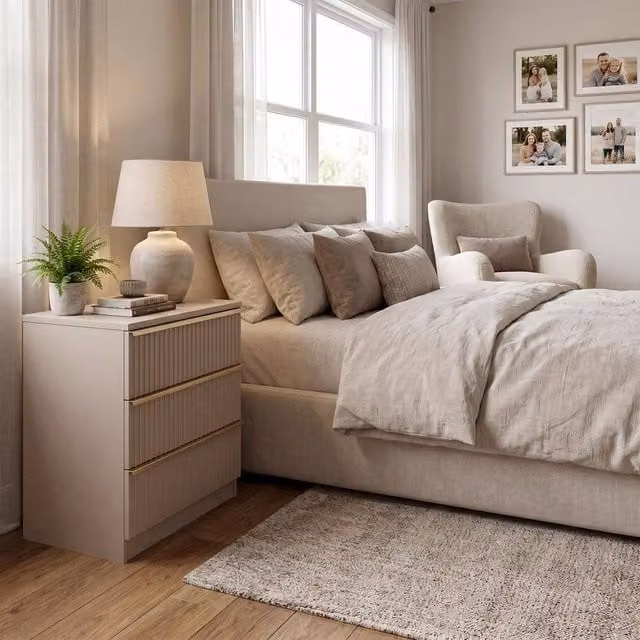 FWStyle Ripple Effect Beige 3 Drawer Chest of Drawers with Scalloped Fronts and Gold Accents