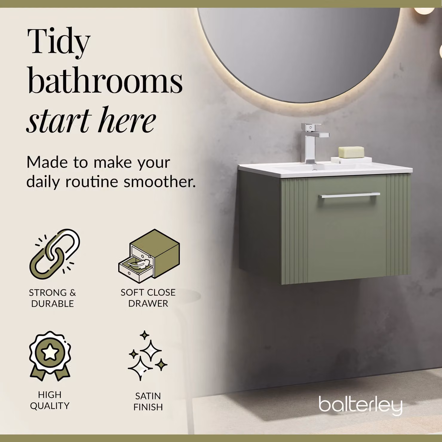 Balterley Wall Hung 1 Drawer Minimalist Vanity Unit with Basin, Satin Green – 4