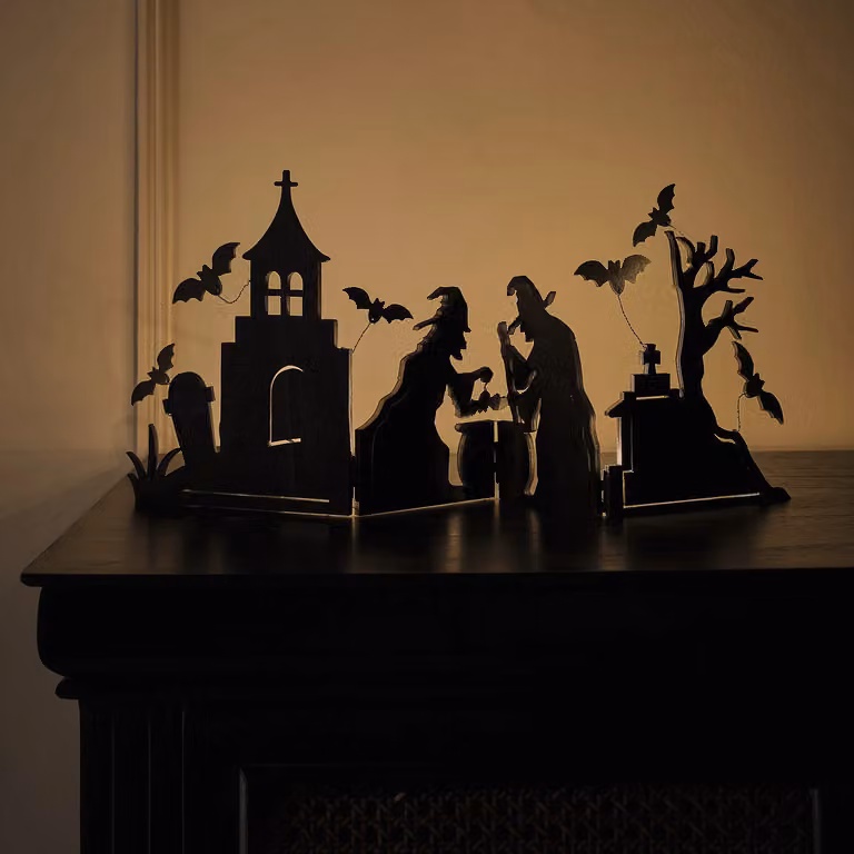 Lights4fun Toil & Trouble LED Witch Halloween Window Decoration in White, Yellow and Black