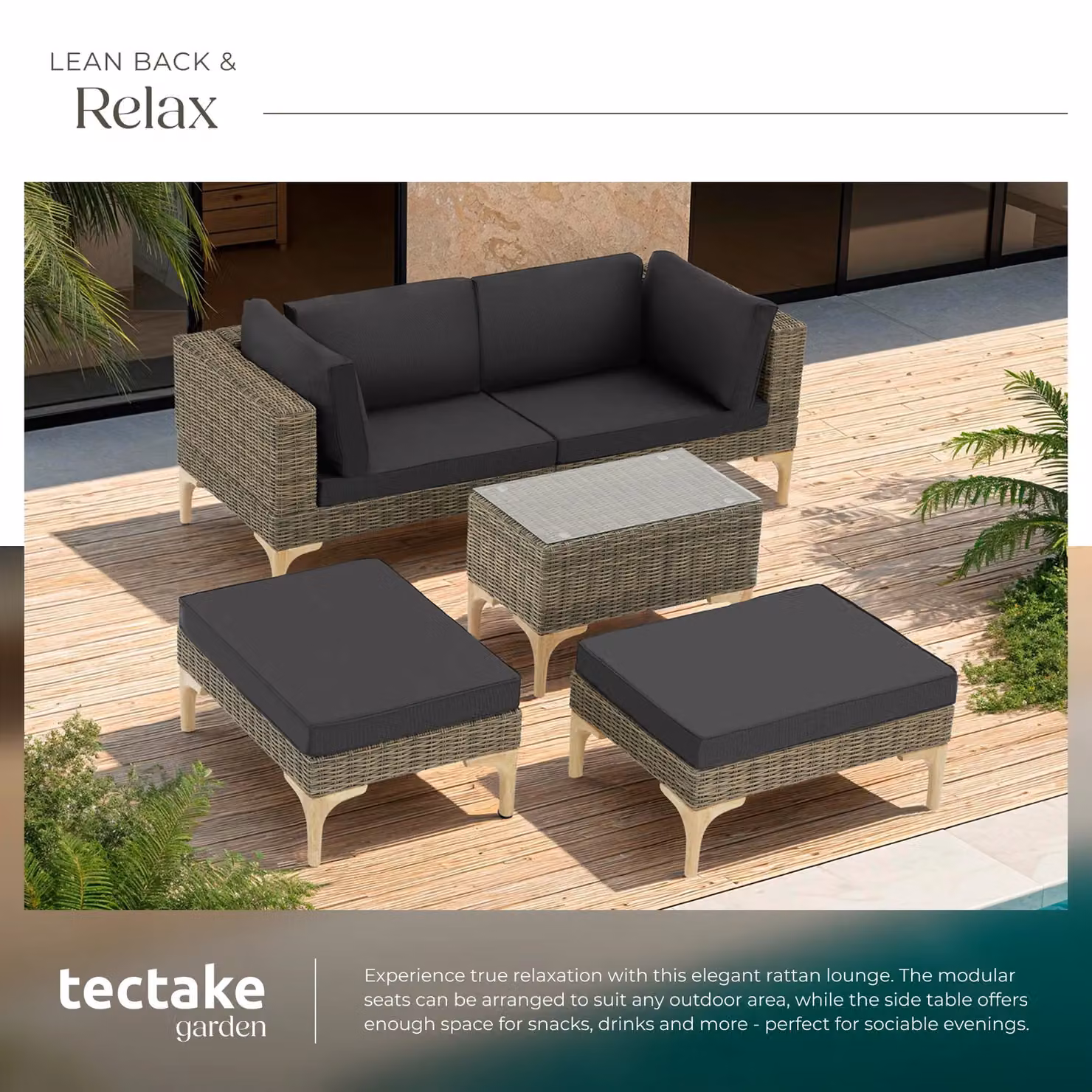 tectake Bellaria Rattan Lounge Set with Powder Coated Aluminium Frame and Beige Cushions for 4 People – 4