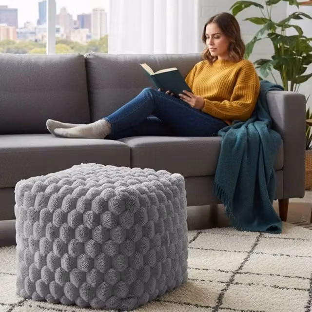 Home Republic Chunky Popcorn Faux Fur Bean Bag in Silver, W/D/H: 43 x 43 x 43 cm