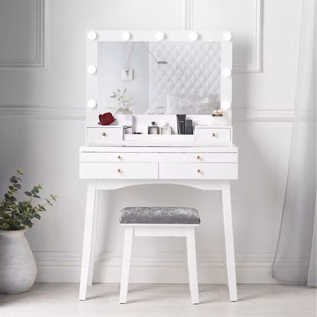 Carme White and Grey Lacquered Dressing Table with Hollywood LED Mirror and Glass Top