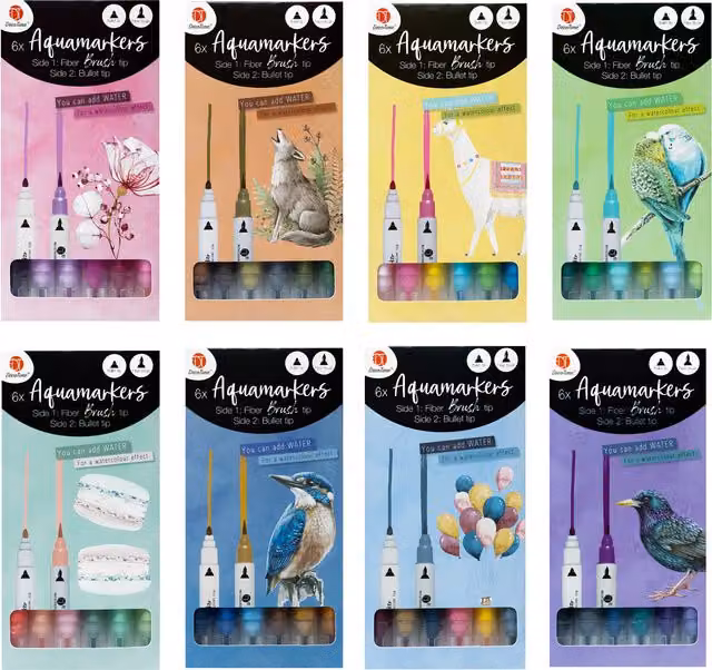 DecoTime Pack of 6 Multicolour Twin Tip Aqua Markers with Brush and Bullet Nibs