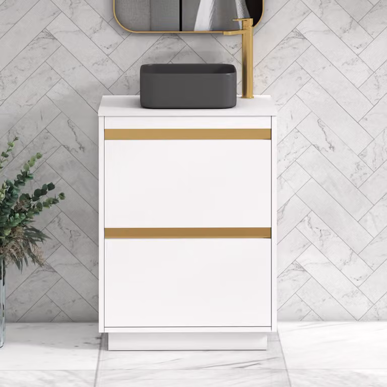 Royal Bathrooms Orion 600mm Matt White Floor Standing Vanity Unit with Art Square Basin and Brushed Brass Accent Trim