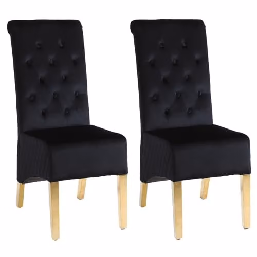MODERNIQUE Pair of Black Velvet Upholstered Dining Chairs with Golden Chrome Legs and Knocker, H 108 x W 48 x D 44 cm – 1