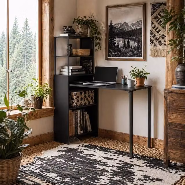 Wyld Haus Serana Black Folding Writing Desk with Integrated Shelving W: 105 cm