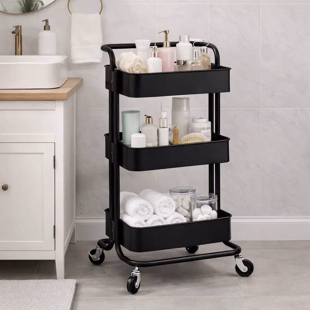 VOGREX Black 3-Tier Metal Wheeled Storage Trolley, W/D/H: 43 x 43 x 86 cm – 3