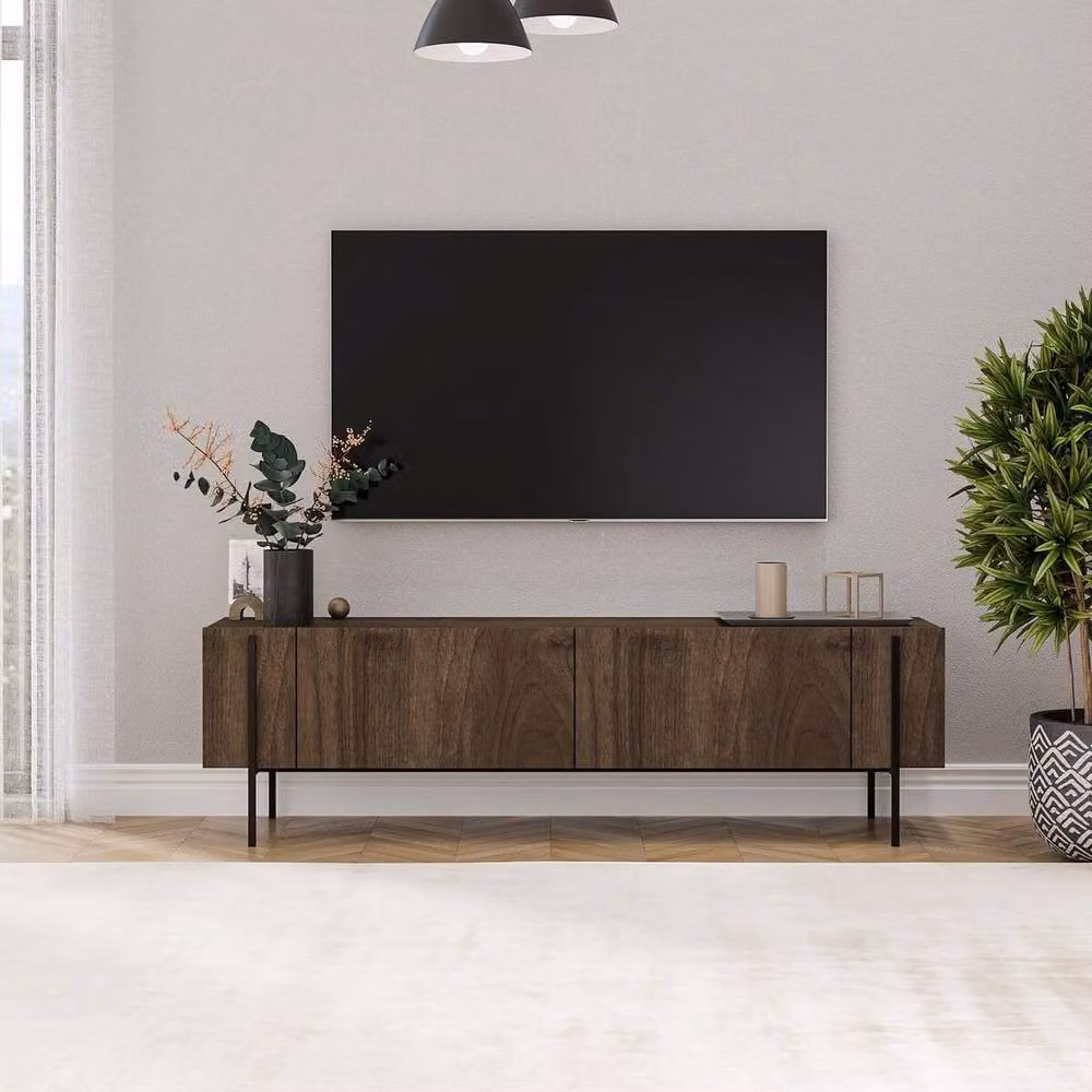CALICOSY Hermione 2-Door TV Stand with Metal Legs in Walnut Brown, Width: 160 cm – 2