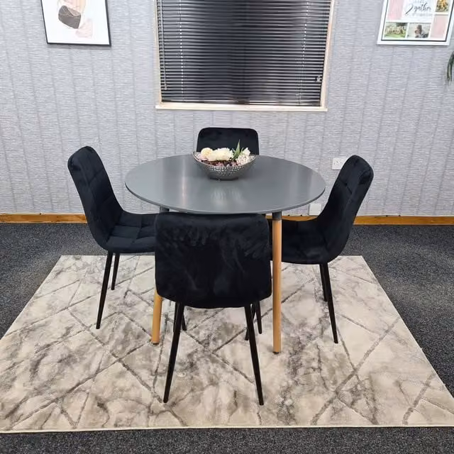 Kosy Koala Modern Round Grey Dining Table and 4 Black Velvet Chairs – 1