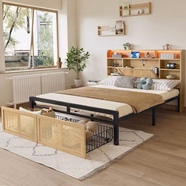 Matteo Solid Wood Double Bed in Natural with Rattan Drawers, Integrated LED Lighting and USB Charging Port, W/D/H: 135 x 190 x 104.5 cm – 1