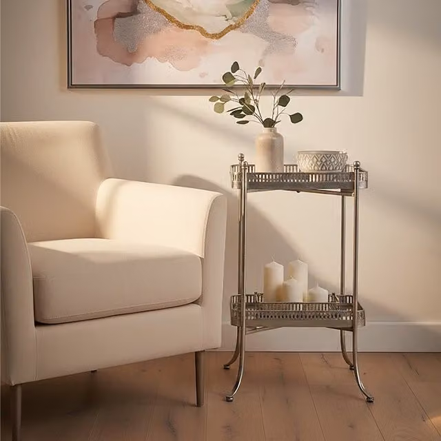 Interiors by Premier Antique Silver Two-Tier Glass and Metal Tray Table