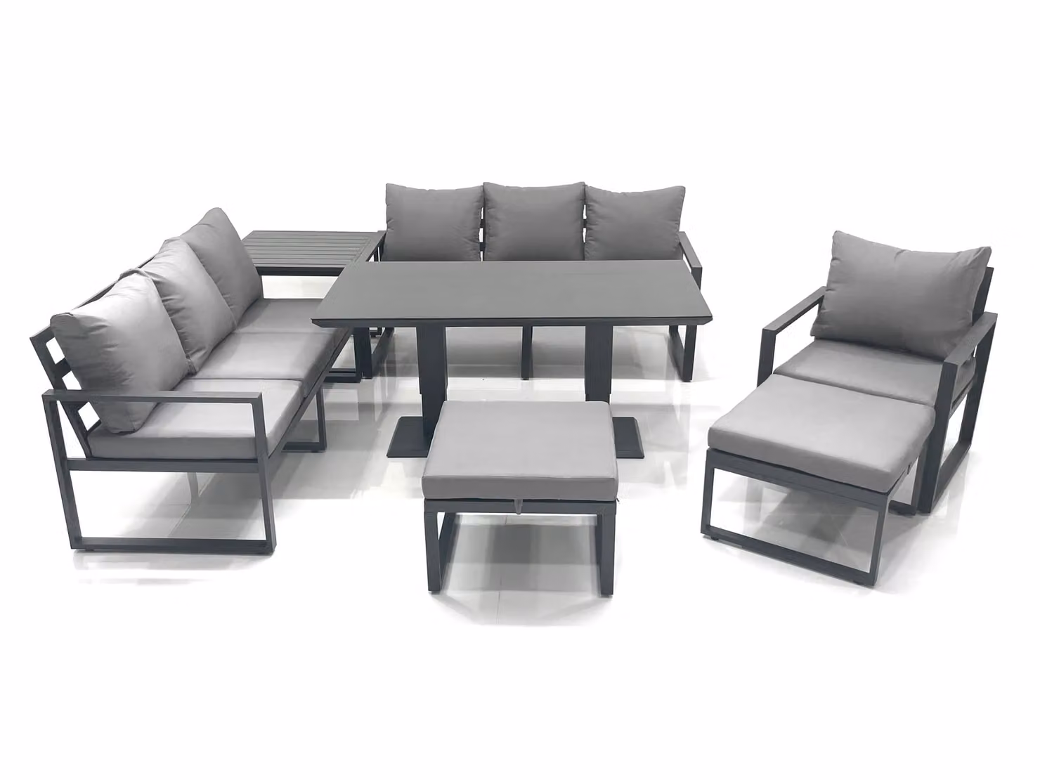Fimous Aluminium Outdoor Garden Furniture Set in Dark Grey with Adjustable Lifting Dining Table, Lounge Sofa, 2 Footstools and Side Table – 2