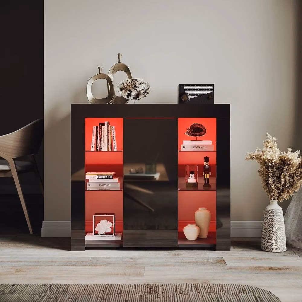 ERGOVEXA Black Glossy Modern Sideboard Storage Cabinet with Glass Shelves – 4