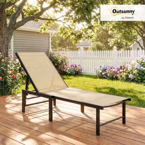 Outsunny Garden Sun Lounger with Textilene Seat and Adjustable Headrest in Beige – 2