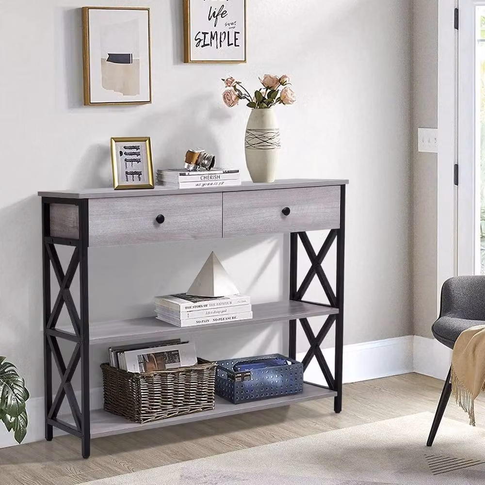 EONLION Grey Console Table with Drawer and X-Frame Design, Width: 100 cm – 3